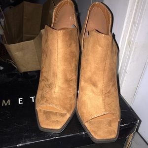 Tan open toe booties